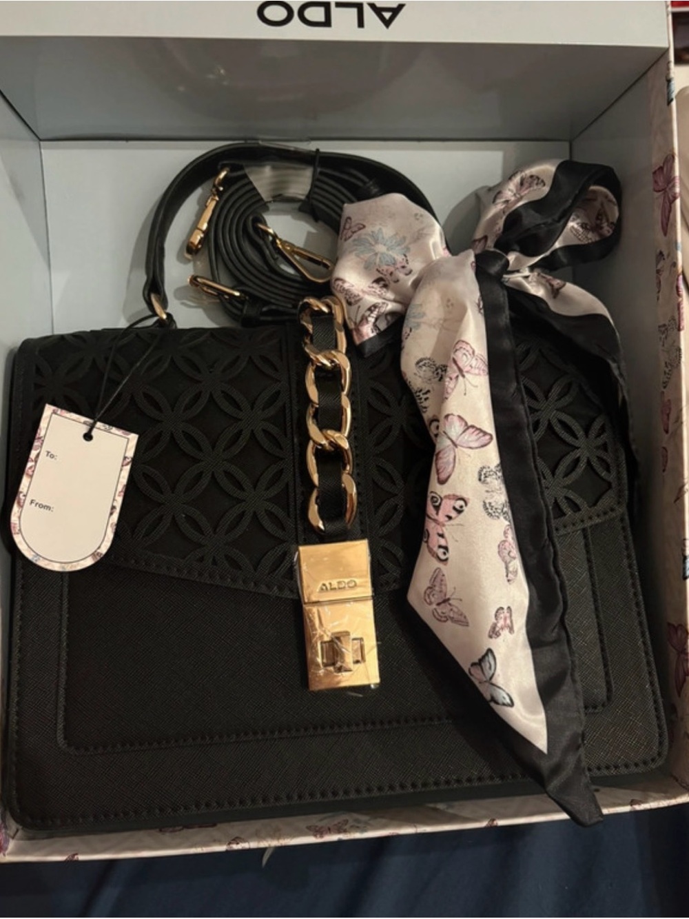 ALDO Black Satchel with Gold Chain and Butterfly Scarf